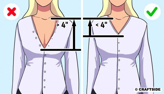 Your office shirt cleavage should not be deeper than 4″ from your collarbone.